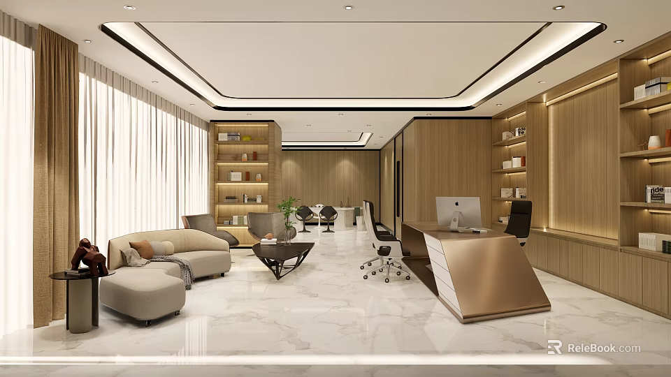 Modern Office Interior Open Layout With Wooden Elements Marble Floor Sofa Area Desk And Bookshelves 3d model 