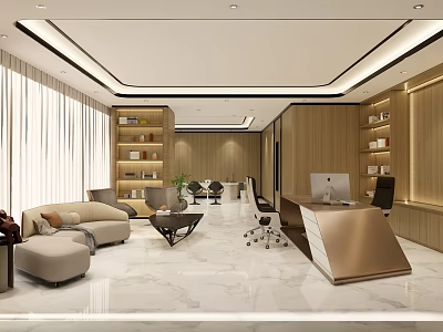 Modern Office Interior Open Layout With Wooden Elements Marble Floor Sofa Area Desk And Bookshelves 3d model