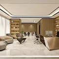 Modern Office Interior Open Layout With Wooden Elements Marble Floor Sofa Area Desk And Bookshelves