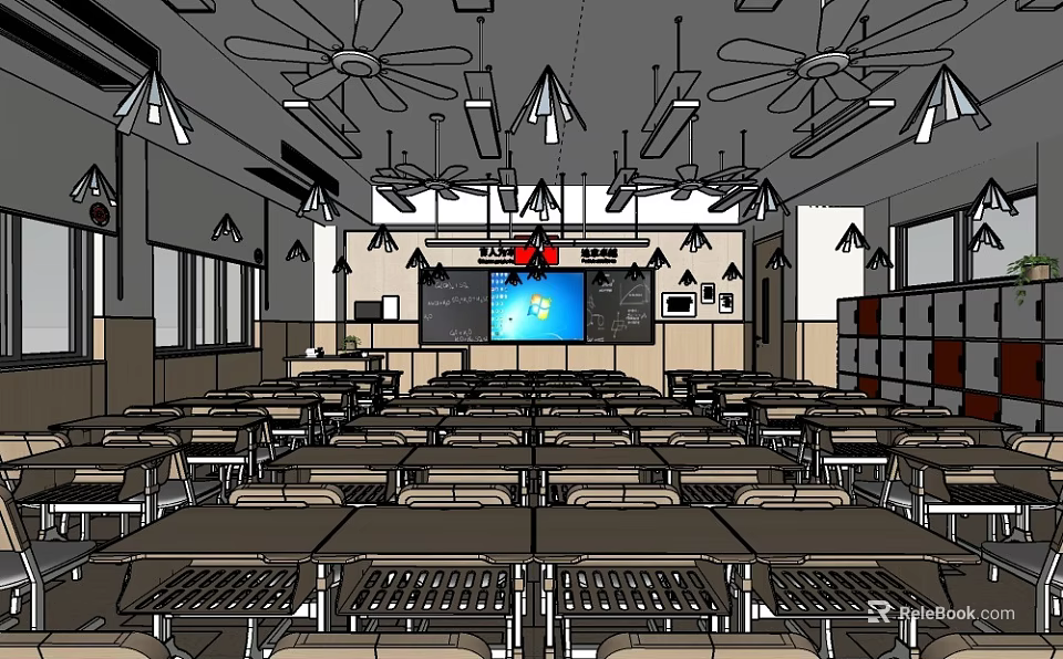 School Classroom Interior With Desks Chairs Ceiling Fans Hanging Lights And Digital Screen 3d model 