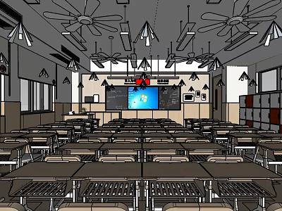 School Classroom Interior With Desks Chairs Ceiling Fans Hanging Lights And Digital Screen 3d model