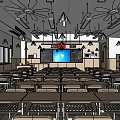 School Classroom Interior With Desks Chairs Ceiling Fans Hanging Lights And Digital Screen