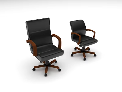 Two Black Leather Office Chairs With Wooden Arms And Swivel Wheels 3d model