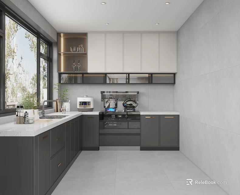 Modern Open Concept Kitchen Interior With Gray And White Cabinets Windows And Appliances 3d model