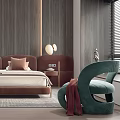 Elegant Modern Bedroom Interior Design With Wooden Wall Brown Bed And Green Chair