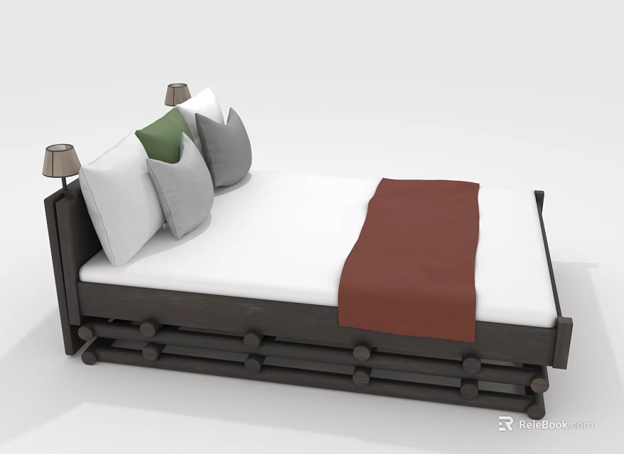People Using Modern Wooden Bed With Multiple Pillows Bedside Lamps And Brown Blanket 3d model 