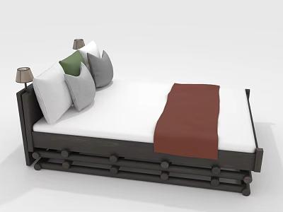 People Using Modern Wooden Bed With Multiple Pillows Bedside Lamps And Brown Blanket 3d model