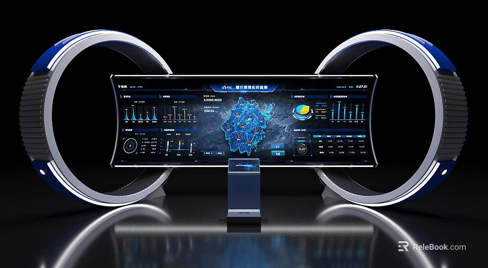 Smart Machine With Curved Display Showing Data Charts Network Structure Metrics And Circular Lighting Design 3d model 