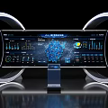Smart Machine With Curved Display Showing Data Charts Network Structure Metrics And Circular Lighting Design 3d model