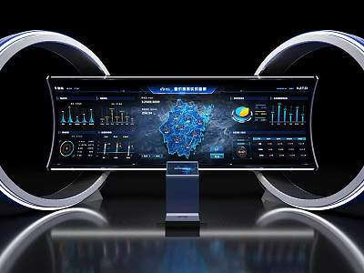 Smart Machine With Curved Display Showing Data Charts Network Structure Metrics And Circular Lighting Design 3d model