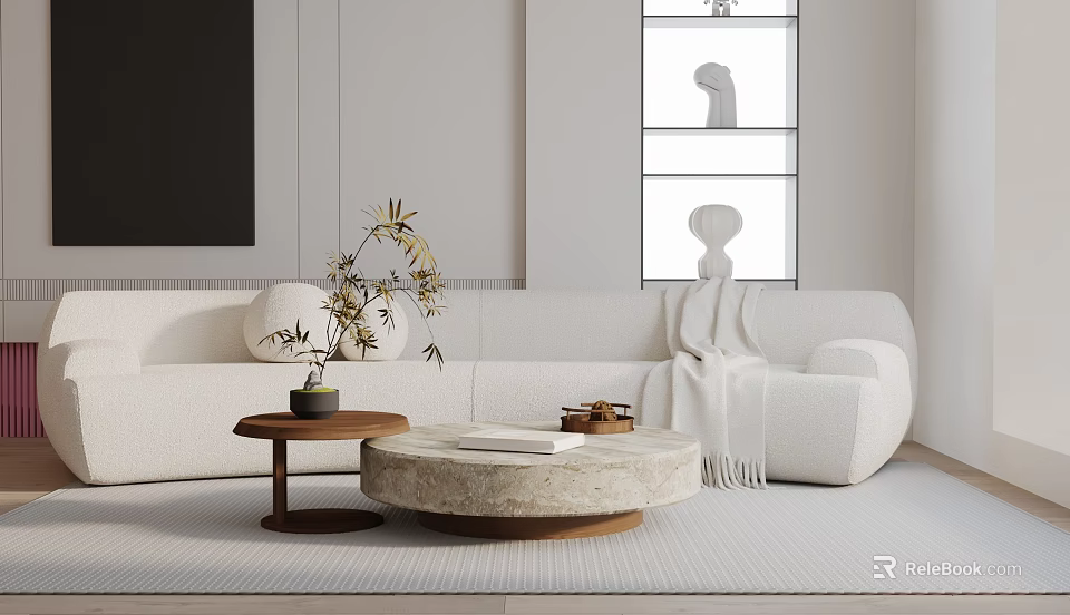 White Three Seater Sofa In Modern Living Room With Marble Coffee Table And Green Plant 3d model 