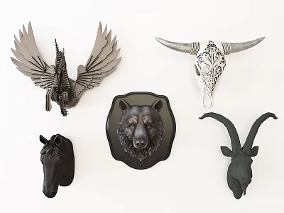 Stylish Animal Wall Decor with Eagle Wings Bull Skull Bear Horse Goat Heads 3d model