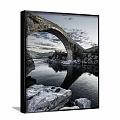 Landscape Painting With Stone Arch Bridge Calm Water Reflection Rocks Mountains And Cloudy Sky