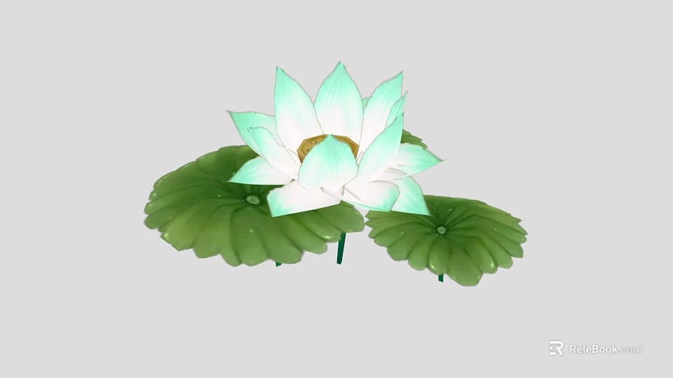 Fresh Light Green And White Lotus Flower With Blooming Petals And Lotus Leaves 3d model 