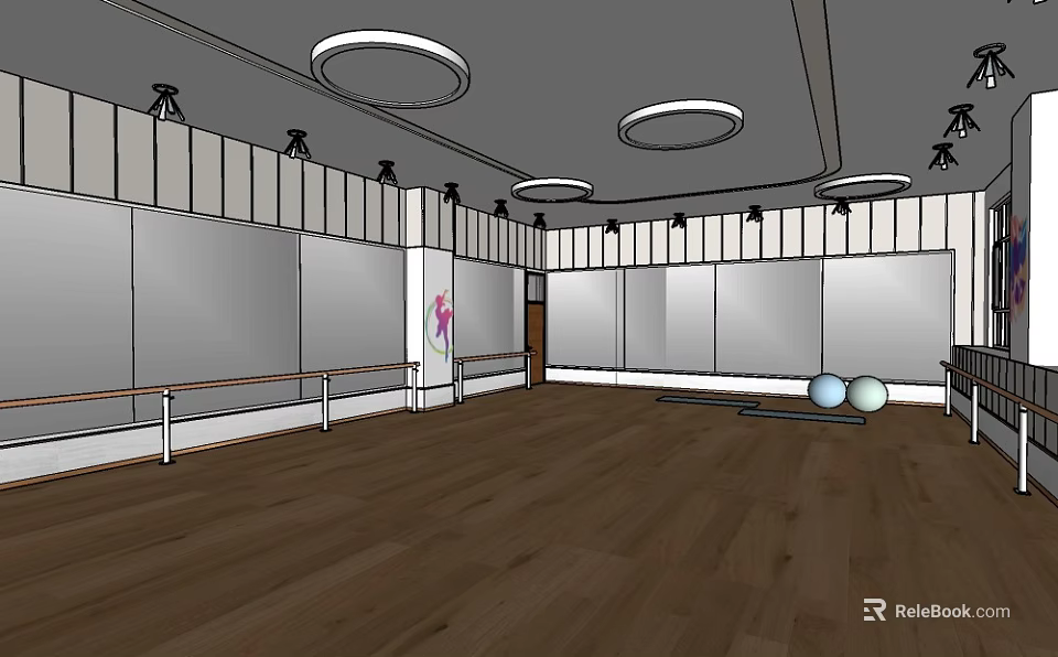 Indoor Fitness Studio With Wooden Floor Large Mirrors Ballet Barres And Exercise Balls 3d model 