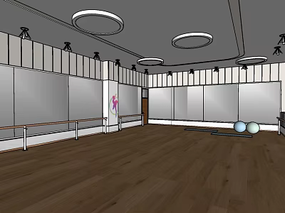 Indoor Fitness Studio With Wooden Floor Large Mirrors Ballet Barres And Exercise Balls 3d model