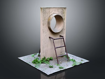 Rustic Landscape with Concrete Structure Circular Hole Rusty Ladder and Green Plants 3d model