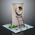 Rustic Landscape with Concrete Structure Circular Hole Rusty Ladder and Green Plants
