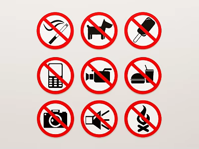 No Smoking Pets Food Drink Camera Sound Fire Prohibition Signs Collection 3d model