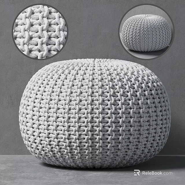 Light Gray Hand Knitted Round Pouf With Intricate Weave Textured Surface 3d model 