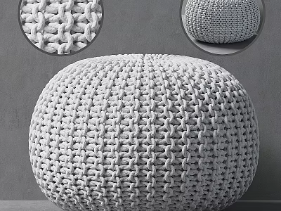 Light Gray Hand Knitted Round Pouf With Intricate Weave Textured Surface 3d model