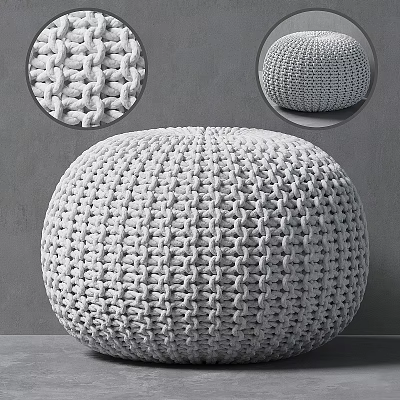 Light Gray Hand Knitted Round Pouf With Intricate Weave Textured Surface 3d model