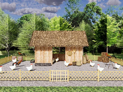 Rustic Farm Scene With Thatched Roof Hut Chickens Clay Pots And Green Trees 3d model
