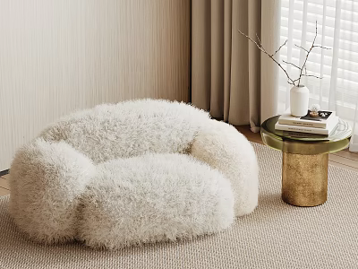 Fluffy White Single Sofa In Cozy Space With Gold Side Table Vase And Books 3d model