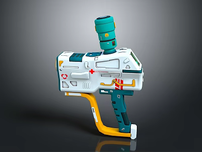 Futuristic Sci Fi Toy Gun Design With White Teal Yellow Accents And Red Cross Symbols 3d model