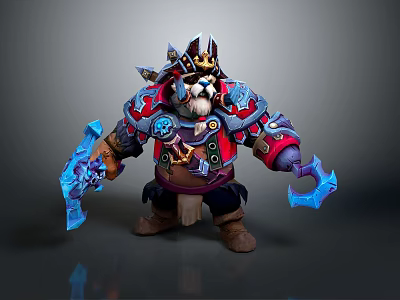 Panda Warrior Game Character With Crown Red Blue Armor And Blue Battle Axes 3d model