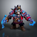 Panda Warrior Game Character With Crown Red Blue Armor And Blue Battle Axes