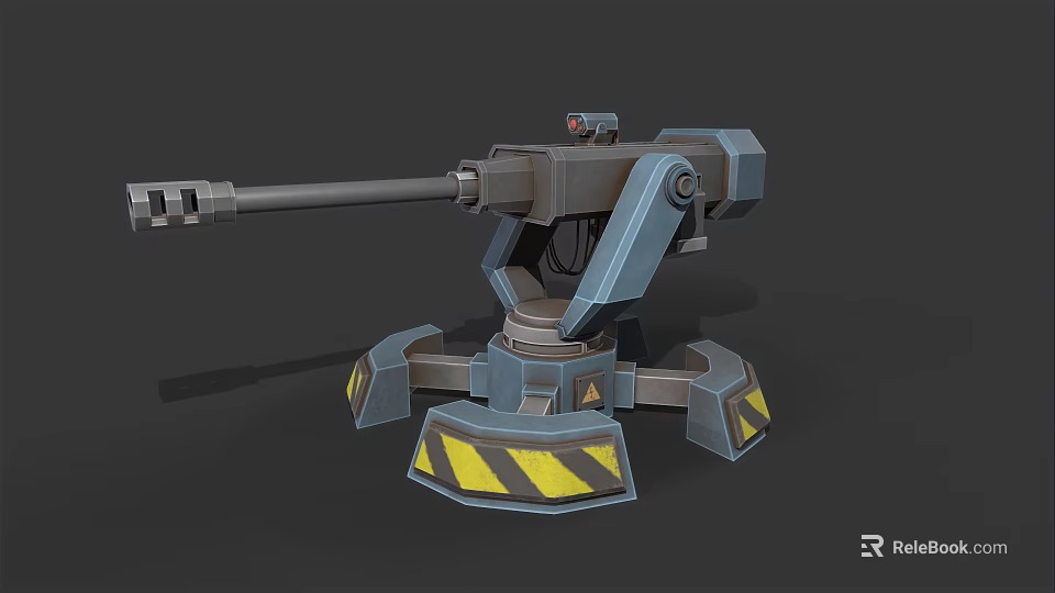 Mechanical Turret Weapon With Gray Blue Structure And Yellow Warning Stripes On Base 3d model 