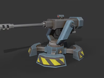 Mechanical Turret Weapon With Gray Blue Structure And Yellow Warning Stripes On Base 3d model