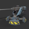 Mechanical Turret Weapon With Gray Blue Structure And Yellow Warning Stripes On Base
