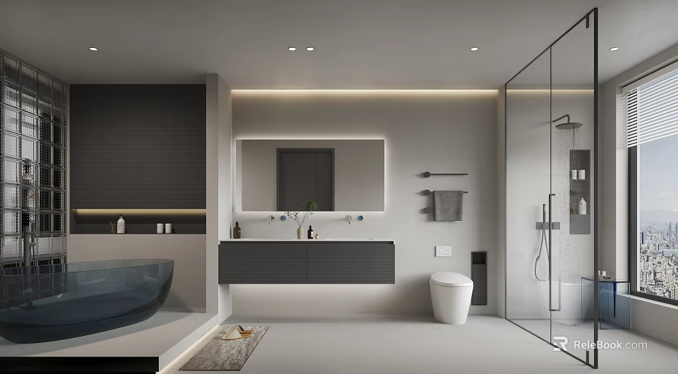 Modern Bathroom Interior Design With Grey Tones Bathtub Glass Shower Double Vanity Mirror And Lighting 3d model 