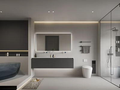 Modern Bathroom Interior Design With Grey Tones Bathtub Glass Shower Double Vanity Mirror And Lighting 3d model