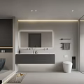 Modern Bathroom Interior Design With Grey Tones Bathtub Glass Shower Double Vanity Mirror And Lighting