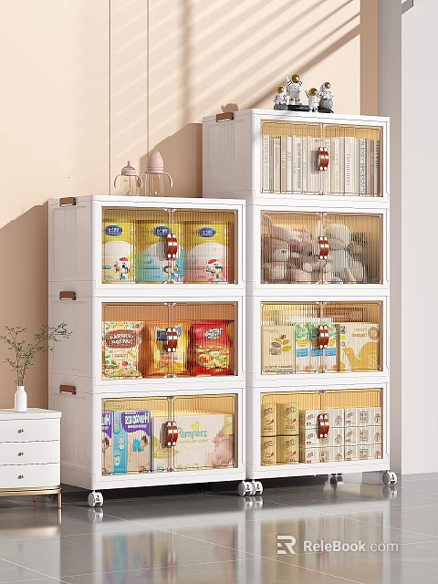 White Multi Layer Storage Cabinet With Decorative Ornament Set And Snack Packages 3d model
