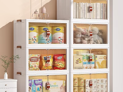White Multi Layer Storage Cabinet With Decorative Ornament Set And Snack Packages 3d model