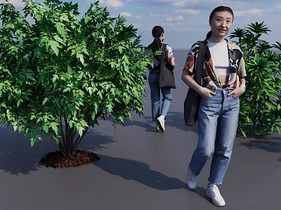 Young Woman In Casual Attire Standing With Green Plants Around Outdoor Space 3d model
