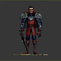 3D Game Character Warrior In Red And Blue Armor Holding Sword Standing On Stone Base