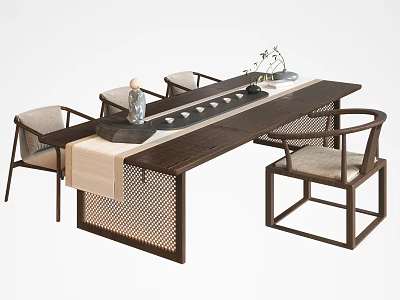 Elegant Chinese Style Wooden Tea Table And Chairs With Rattan Details And Tea Set Decor 3d model