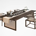 Elegant Chinese Style Wooden Tea Table And Chairs With Rattan Details And Tea Set Decor