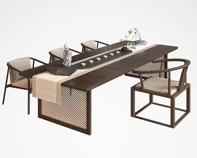 Elegant Chinese Style Wooden Tea Table And Chairs With Rattan Details And Tea Set Decor 3d model
