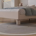 Double Bed with White Headboard Nightstand Table Lamp Decorative Painting Curtains and Wooden Floor Rug