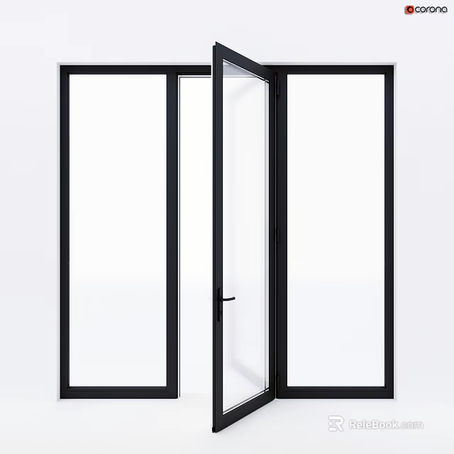 Modern Floor to Ceiling Windows with Black Frame Open Door and Clear Glass 3d model 