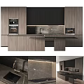 Modern Kitchen With Wooden Cabinets Black Stone Countertop Island Built-in Ovens And Sink