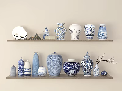 Decorative Blue And White Ceramic Vessels Displayed On Wooden Shelves With Various Shapes 3d model
