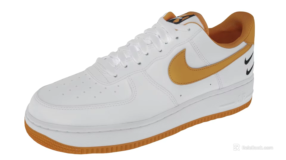 White Nike Air Force 1 Leather Shoes With Orange Accents And Brown Sole 3d model 