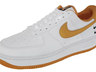 White Nike Air Force 1 Leather Shoes With Orange Accents And Brown Sole 3d model